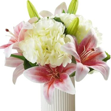 Imagem de Bairdish 3 peças de flores artificiais de hortênsia de seda branca e 3 peças de lírios de tigre falsos rosa claro para buquês de casamento, flor sintética de toque real para arranjos florais mesa