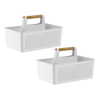 Imagem de Kit 2 Organizadores Multiuso Flow OU com Divisória Interna e Alça em Bambu – Branco | Cesto Organizador Ideal para Produtos de Limpeza, Escritório e Organização da Casa