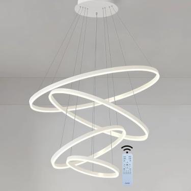 Imagem de Lustre LED moderno branco, dimerizável, com 4 anéis, 20+40+60+80 cm, 108 W, com controle remoto. Luminária pendente LED dimerizável para sala de estar, quarto, sala de jantar, teto ou sobre