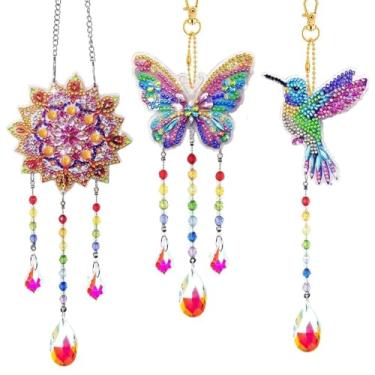 Imagem de 3 peças de kits de chaveiros de pintura de diamante flor borboleta pássaro diamante ornamentos de arte anéis chaveiros DIY arte 5D pedantes para iniciantes, aniversário, Natal, artesanato, decoração