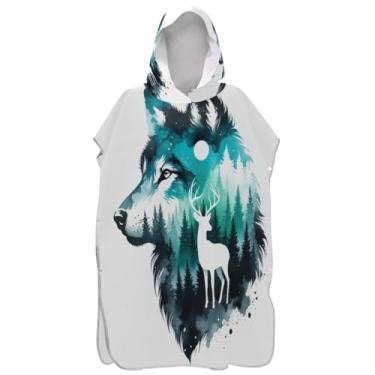 Imagem de Joisal Poncho de surfe para adultos trocador de roupa de praia com capuz toalha de banho absorvente homens mulheres poncho com capuz lobo veado estampa animal