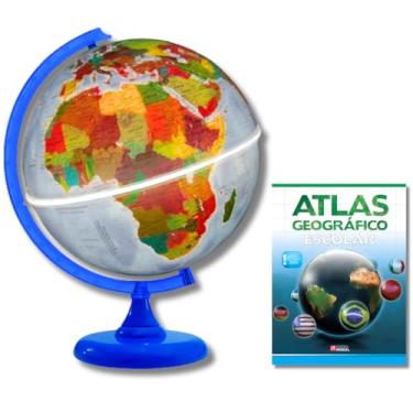 Imagem de GLOBO TERRESTRE FÍSICO POLÍTICO LUMINOSO BASE AZUL 30CM + ATLAS GEOGRÁFICO