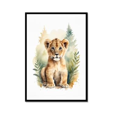 Imagem de Arte de parede de berçário botânico fofo safári floresta nebulosa urso coelho raposa lobo guaxinim cervo girafa zebra tigre aquarela decoração de quarto infantil (SKU9,16x60 cm), moldura de metal