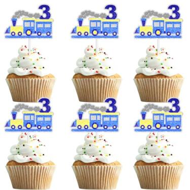 Imagem de 18 Pieces Train Chugga Cupcake Toppers Kids 3rd Birthday Happy Decorations, Boys and Girls Birthday Party, Transportation Railroad Track Party Steam Train Choo Decorations (3rd)