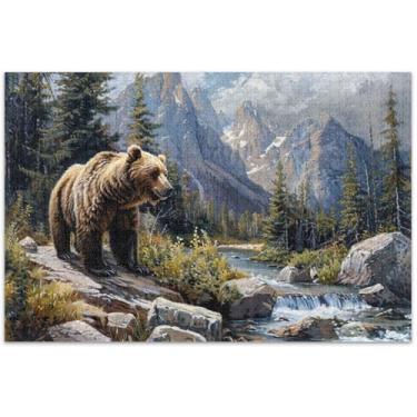 Imagem de Quebra-cabeça de paisagem de urso pardo montanhas para adultos 1000 peças de brinquedo de arte para adultos presentes para jogo de elefante branco, 75 x 40 cm
