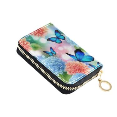 Imagem de Carteira feminina pequena para cartão de crédito com bloqueio de RFID, bolsa de moedas de couro com zíper azul hortênsias borboletas azuis