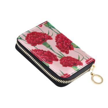 Imagem de Carteira de cartão de crédito com bloqueio de RFID, carteira feminina pequena de couro masculina com bolso para moedas, cravo vermelho, flores, rosa