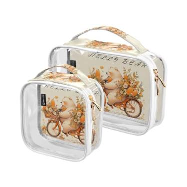 Imagem de GAIGEO Ônibus retrô com estampa de primavera, pacote com 2, bolsa transparente para viagem, bolsas transparentes de maquiagem para viagens, Hello Bear Orange Fruit Flower Bike, one size