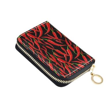 Imagem de Carteira feminina preta com estampa de pimenta vermelha para cartão de crédito, carteira de couro com bloqueio de RFID com zíper floral, carteira de viagem com chaveiro