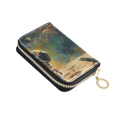 Imagem de Carteira pequena para mulheres, porta-cartões, carteira de couro com bloqueio de RFID e porta-moedas com zíper astronauta espacial