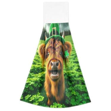 Imagem de Joitme Toalhas de mão Highland Cow Calf St Patricks Fall com laço para pendurar, conjunto de 2 panos de prato decorativos altamente absorventes para cozinha, 46 x 35 cm