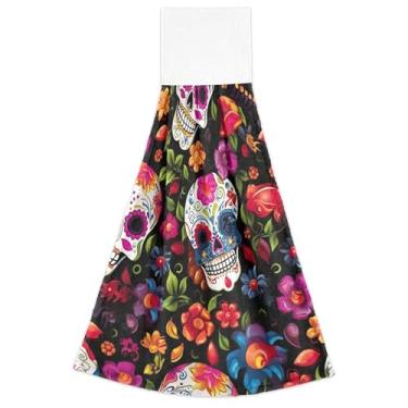 Imagem de Joitme Toalhas de cozinha de mão pretas de caveira de açúcar floral com laço de pendurar conjunto de 2 decorações de cozinha fofas ultra absorventes, 46 x 35 cm