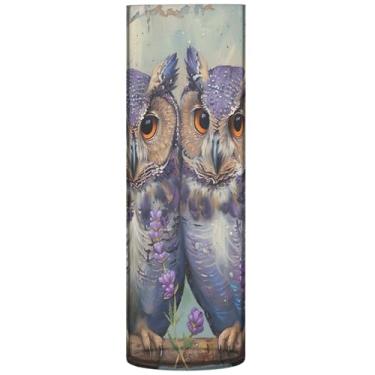 Imagem de Vaso de flores cilíndrico decorativo lavanda corujas vaso redondo de plástico bonito impressão personalizada quarto decoração de casa, 30 cm x 9,9 cm