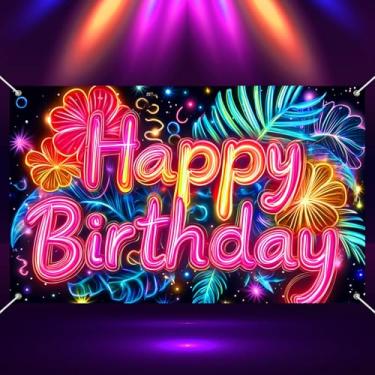 Imagem de BlissYard Banner neon feliz aniversário brilho decoração festa fundo 71 x 43 polegadas design floral tropical para adultos aniversário cabine foto pano de fundo suprimentos decoração evento arte
