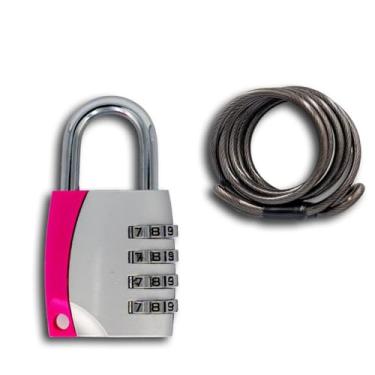 Imagem de Cadeado combinado com cabo de aço - trava reinicializável de 4 dígitos para bagagem e armários