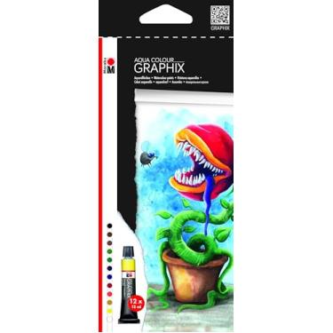 Imagem de Marabu Conjunto de aquarela Graphix Aqua Color – 12 cores pigmentadas vibrantes em tubos de 12 ml – Tintas transparentes e misturáveis para papel, tela e mais