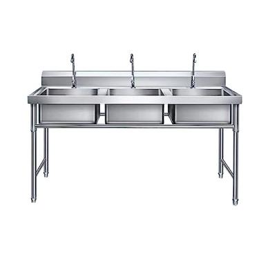 Imagem de Pia de cozinha de três tigelas, pia utilitária com backsplash, pia de cozinha de aço inoxidável independente, pia de garagem industrial, pia comercial (120 cm, 1,0 mm)