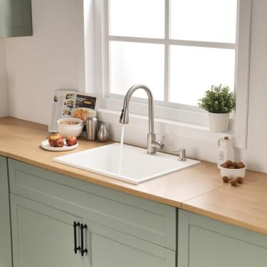 Imagem de BoomHoze Pia de cozinha branca de 63 cm de quartzo, 63 x 55 cm, pia de cozinha, tigela única, granito, composto de quartzo, lavatório de montagem superior para trailers ao ar livre com rodo de