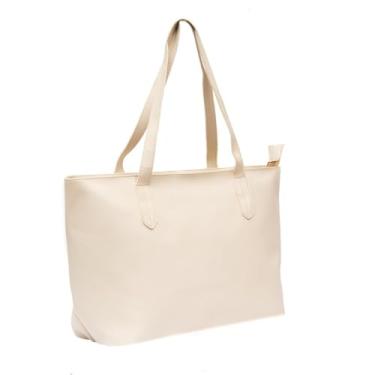 Imagem de Bolsa Tote Feminina Grande, Couro Sintético, Alça Dupla, Preta, Estilo Minimalista (Beige)