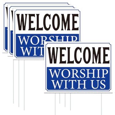 Imagem de AceOrbit Pacote com 3 placas de igreja de 11,8 x 15,8 polegadas Welcome Worship with Us Yard Lawn Church com estaca placas externas à prova d'água para gramado, pátio, calçada, casa