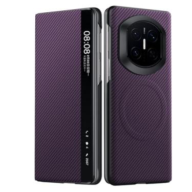 Imagem de FWYANZH Capa de couro para Huawei Mate X7, capa magnética, janela lateral inteligente, textura de fibra de carbono, proteção flip tudo incluído, roxo, Mate X7