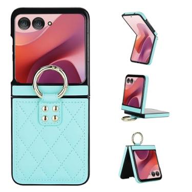 Imagem de Capa para Motorola Razr 50, capa traseira ultrafina e leve com anel de metal, capa de couro fina à prova de choque, design elegante de ponto de diamante (azul menta)