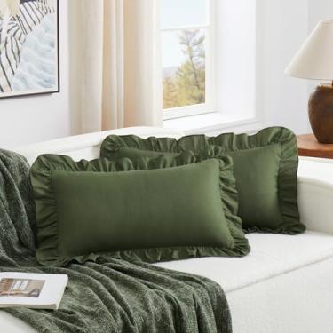 Imagem de KKJIAF Conjunto de 2 capas de almofada lombar verde-oliva 30,5 x 50,8 cm, fronhas de microfibra com babados, fronhas europeias com babados, fronhas de almofada lombar para sofá-cama sala de estar