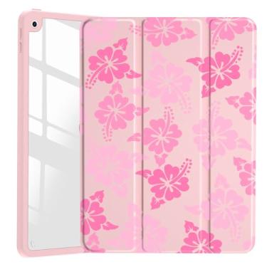 Imagem de JOYLAND Capa com estampa de flor de hibisco rosa para iPad 7ª/8ª/9ª geração, capa traseira rígida de acrílico transparente transparente com suporte para lápis, suporte de três dobras, capa para tablet