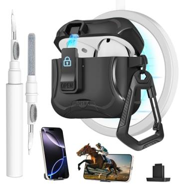 Imagem de Meiyasy Capa para AirPods 4 com clipe de bloqueio seguro e suporte de telefone, capa protetora compatível com Magsafe com kit de limpeza e chaveiro para Apple AirPod 4 Geração 2024 (preto)