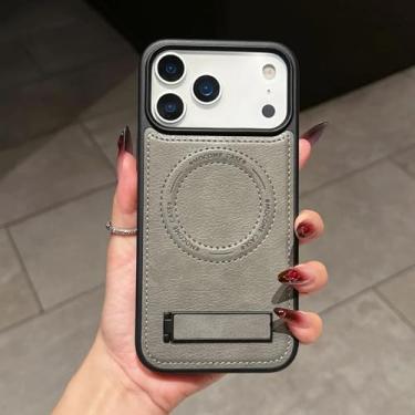 Imagem de SFDSUH Capa de couro PU com suporte, carregamento sem fio magnético e proteção contra impactos para iPhone 16 Pro Max (Cinza)
