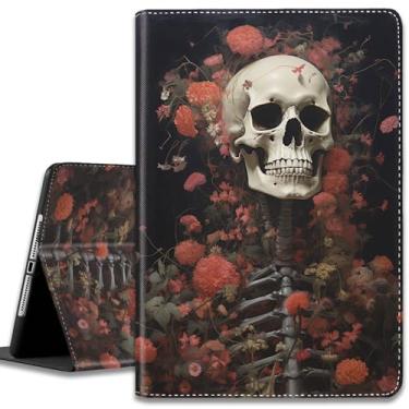 Imagem de Capa para iPad (A16) 11ª geração 11 polegadas 2025/iPad 10ª geração 10,9 polegadas 2022, capa protetora ultrafina multi-ângulo, com hibernar/despertar automático, esqueleto com caveira de flor