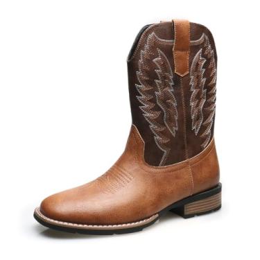 Imagem de Botas de cowboy ocidentais masculinas, bico quadrado, bordado, couro PU, patchwork, cavaleiro, gola V, Marrom, 40