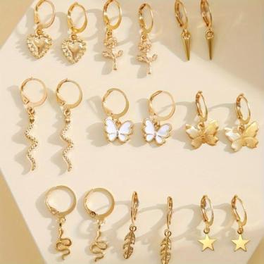 Imagem de 9 peças brincos pendentes banhados a ouro coração estrela borboleta flor folha brincos de cobra para mulheres joias de festa de casamento de luxo para uso diário