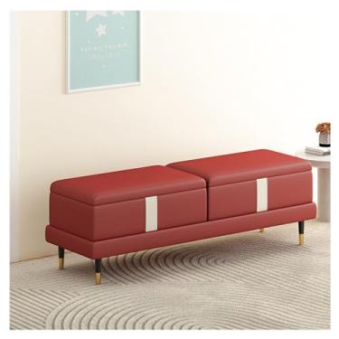 Imagem de Banco de armazenamento moderno - Otomano para quarto, extremidade da cama, banco moderno de couro sintético bancos de quarto para o pé da cama, banco estofado com pernas douradas decorativas (vermelho
