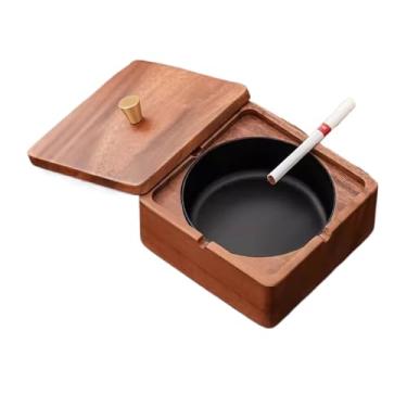 Imagem de Cinzeiros para cigarros ao ar livre com tampa quadrado de madeira com aço inoxidável decorativo portátil para casa, pátio, escritório, bandeja de cinzeiro interna ao ar livre (preto)