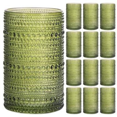 Imagem de Moretoes Hobnail Conjunto de copos altos de 350 ml em relevo Boho copos de água para bar de cozinha conjunto de copos para uísque, cerveja, suco, leite e várias bebidas mistas (verde)