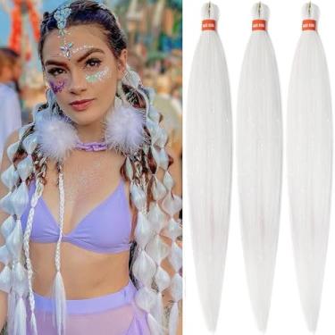Imagem de Cabelo trançado pré-esticado branco creme com glitter de tinsel 30 polegadas caixa trança extensões de cabelo brilhante 3 pacotes Yaki textura pré-emplumada festival tranças cabelo