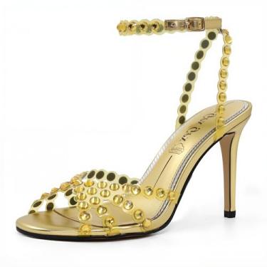Imagem de GPXGPX Sandálias femininas de strass de salto alto com fivela de tiras transparentes, salto alto, bico redondo, sandálias elegantes e sexy, Dourado, 39