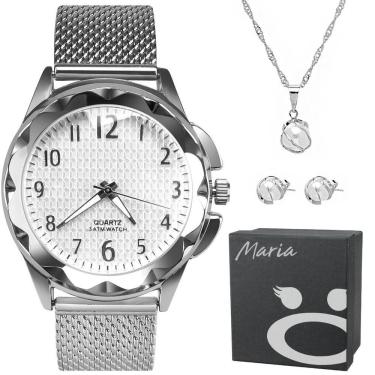 Imagem de Relogio Feminino Aço Inox Prova Dagua + Pulseira + Colar Moda Silicone Casual Qualidade Premium