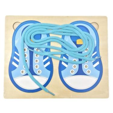 Imagem de Brinquedo Educativo Alinhavo Par Tênis Amarrar Cadarço MDF Estimula Co