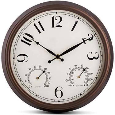 Imagem de Bernhard Products Relógio de Parede Interno/Externo Bronze 13" Silencioso Sem Tique-Taque com Medidor de Temperatura e Umidade Termômetro Meteorológico e Combinação de Higrômetro Operado por Bateria -