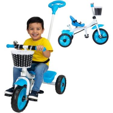 Imagem de Triciclo Infantil Flex com Empurrador Pedal 2 e 1 Cesto Frontal e Traseiro, Seguro e Divertido para Crianças +2 anos - Baby Style (Azul)
