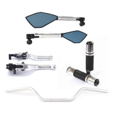 Imagem de Kit Guidão Naked Manopla Retrovisor Manete Fazer Xj6 - NoBrand, Prata