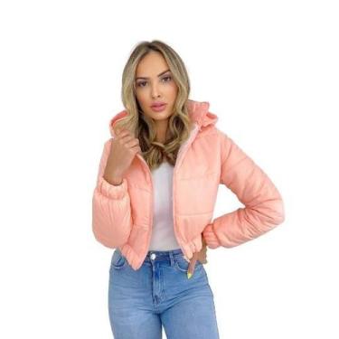 Imagem de Jaqueta Puffer Feminina Salmão Com Capuz Curta - Charme de Moça, Salmã
