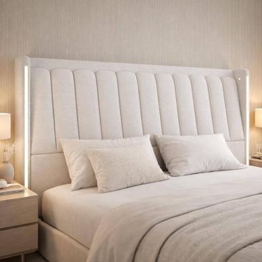 Imagem de Cabeceira Casal Moan P05 para Cama Box com Led Estrutura MDF MDP Bouclê Cru Lyam Decor