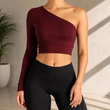 Imagem de Cropped Feminino Um Ombro Só Manga Longa Barra Liso Suplex PP ao Plus 