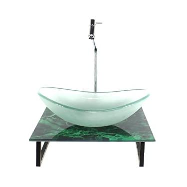 Imagem de KIT CUBA DE VIDRO OVAL 10MM JATEADA COM TAMPO DE VIDRO 40CM X 40CM MÁRMORE VERDE E SUPORTE TORNEIRA VALVULA