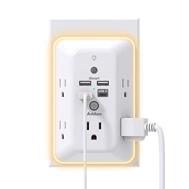 Imagem de Protetor contra surtos, extensor de saída com luz noturna, divisor adicional de 5 saídas e 4 portas USB (1 USB C), tira de alimentação do carregador de parede USB, tomada de vários