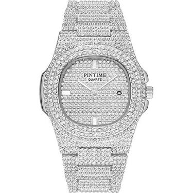 Imagem de Relógio unissex de luxo com diamante de cristal relógio de quartzo masculino de rosto grande relógio de pulso de aço inoxidável cor prata cor ouro rosa, Prata, Relógio de quartzo