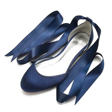 Imagem de Sapatos de casamento para noivas mulheres sapatilhas de cetim sapatilhas com fivela bico redondo sapatos sociais 36-44,Dark blue,11 UK/44 EU